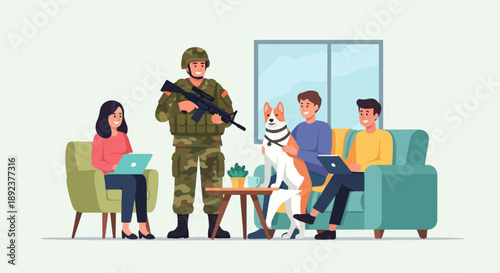 Diverse group relaxed indoors with a soldier, dog, and laptops