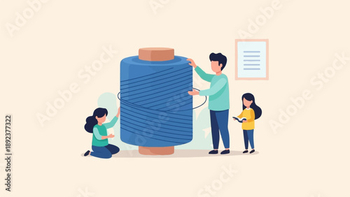 Family works together on a giant spool of blue thread, creating a shared project