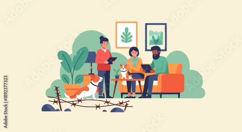 Diverse group with dogs in a cozy living room, planning on tablets