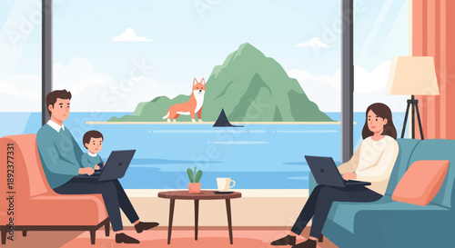 Family working remotely with a dog and shark by the sea
