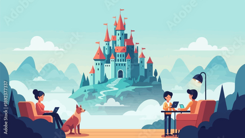 Fantasy castle landscape with people working remotely and a dog