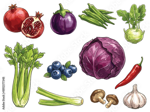 Watercolor Fruit and Vegetable Vector Set. Hand Drawn Fresh Produce Collection Isolated on White Background