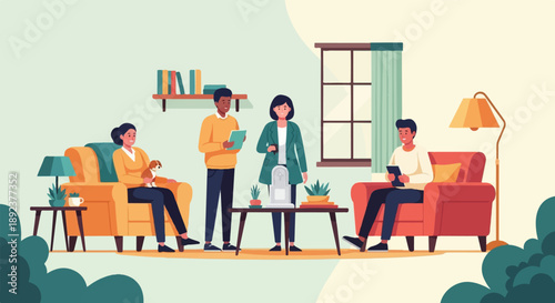 Diverse group relaxing and interacting in a modern living room space