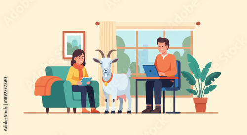 Duo works indoors with goat and houseplants, cozy home scene