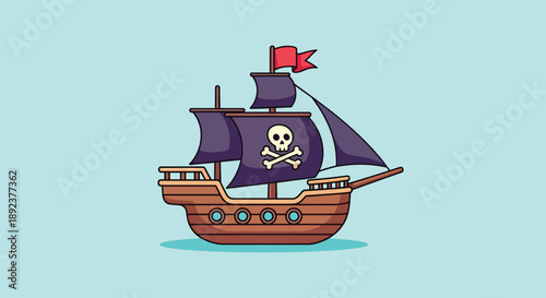 Cartoon Pirate Ship with Skull and Crossbones Flag.