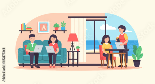 Diverse group working remotely with laptops in a cozy living room by the sea