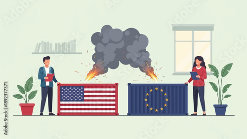 Diplomatic clash depicted by burning cargo containers, people observing