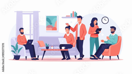 Diverse group working and socializing in a modern living room setting