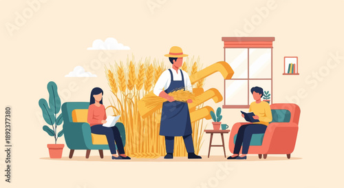 Farmer harvests wheat in field, people relax indoors reading