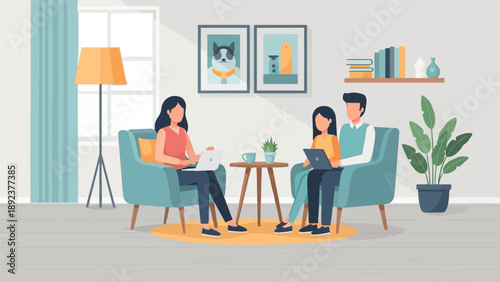 Family working together remotely at home in a cozy living room setting