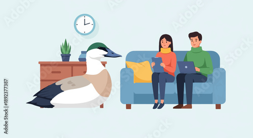 Duck sits near people on couch using laptops and tablets indoors
