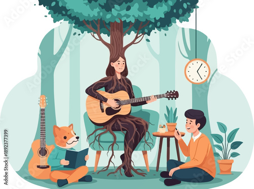 Fantasy tree-woman plays guitar for boy and dog reading