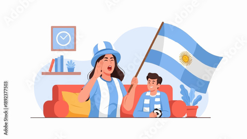 Enthusiastic fans cheer, waving flag, holding a football