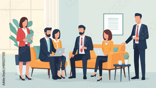 Diverse professionals collaborate in a modern office setting, laptops in hand