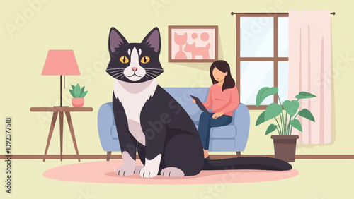 Domestic scene with a large cat and woman on a sofa using a tablet