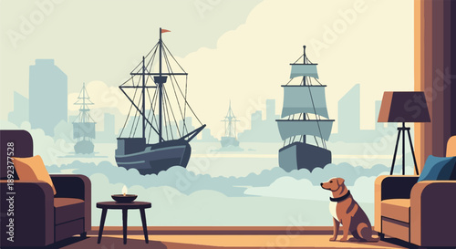 Dog sits indoors watching sailing ships outside large window