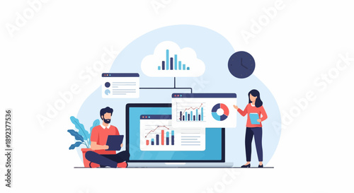 Diverse team analyzes business data on laptop and cloud, clock shows time