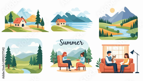 Diverse summer scenes cozy homes, serene landscapes, and indoor relaxation