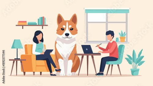 Dog sits between two people working on laptops in a room