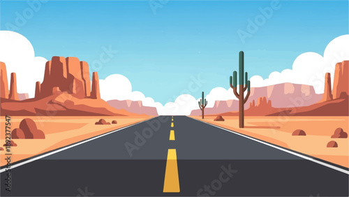 Endless desert road leading towards majestic sandstone formations under a clear sky