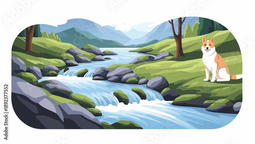 Dog sits beside a flowing river in a lush green valley with mountains