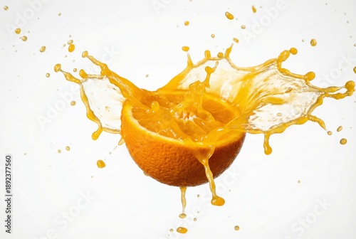 Vibrant orange half is bursting with liquid, creating a dynamic splash of fresh juice and drops against a pure white background, symbolizing vitality and natural refreshment