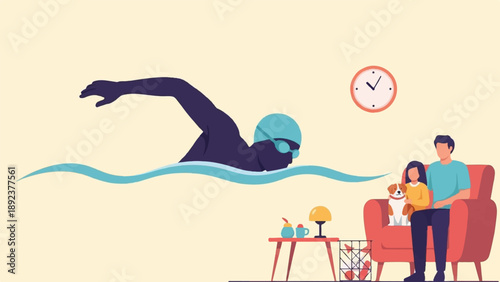 Father and child relax indoors while a person swims