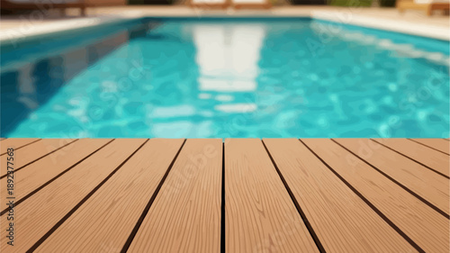Empty wooden deck overlooks a bright blue swimming pool on a sunny day