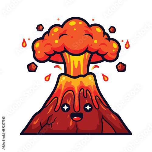 Cute cartoon volcano erupting with happy face and lava.