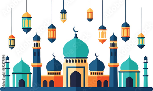 Colorful Islamic mosque with hanging lanterns and moons illustration