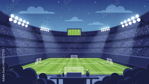 Empty stadium at night under bright floodlights