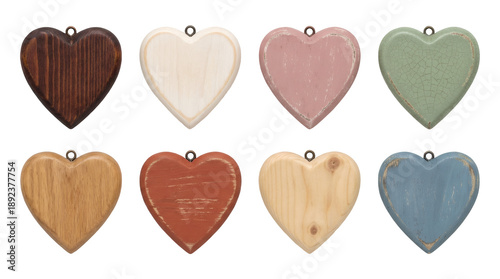 Wooden heart ornaments set including various painted, stained, distressed, and natural wood finishes isolated. Rustic decorative elements for valentine, wedding, and craft designs.