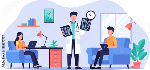 Doctor shows x-rays to patients in a waiting room