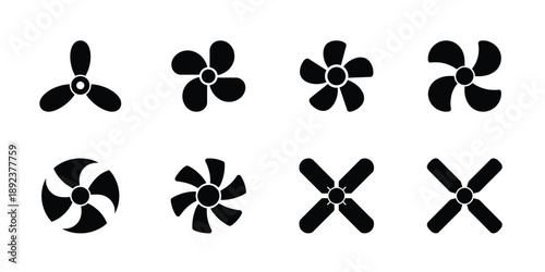 Black fan blades and propellers icons set for airflow and ventilation design