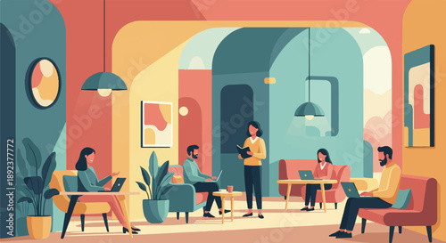 Diverse individuals collaborate and work in a modern, colorful office space