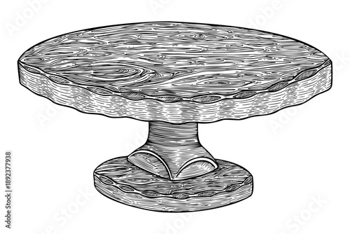 Vintage wooden round cake stand in a classic Easter theme. Realistic hand drawn vector illustration with graphic texture. Perfect for black and white card design. Ideal for festive holiday tableware.