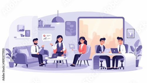 Diverse team collaborates in modern office, discussing ideas and projects