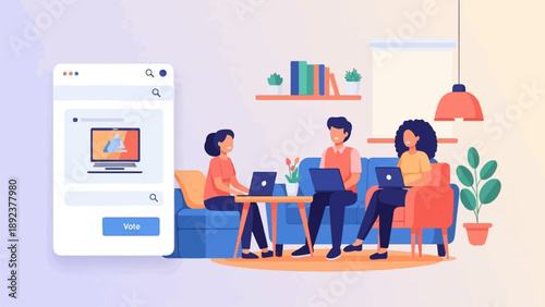 Diverse team collaborates on project using laptops in a modern home office