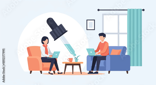 Diverse individuals collaborate remotely using laptops and a pipette