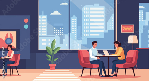 Diverse individuals work and socialize in a modern urban cafe setting