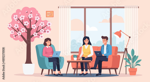 Diverse team collaborating remotely in a bright, stylish room