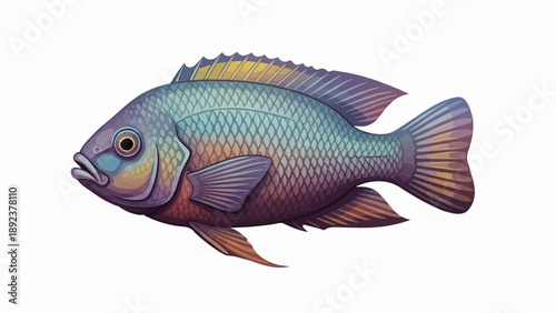 Detailed illustration of a fish with iridescent scales, fins, and tail
