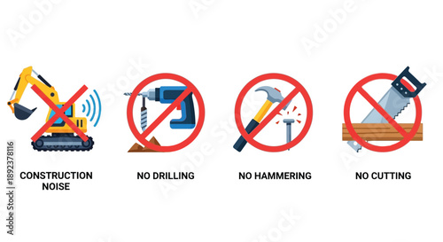 Sign illustrating prohibited loud activities during designated quiet hours including construction noise drilling hammering and cutting clearly indicating necessary restrictions for peace