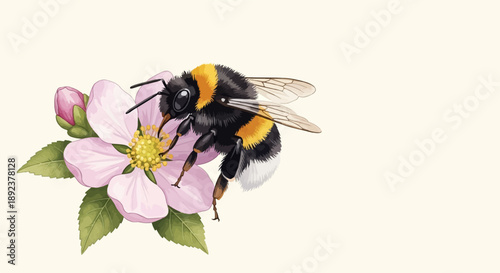 Detailed illustration of a bumblebee on a pink flower