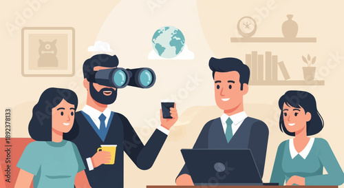 Diverse team with binoculars, laptop, and coffee collaborates while looking at globe