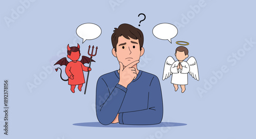 Man Torn Between Angel and Devil Choices Dilemma.