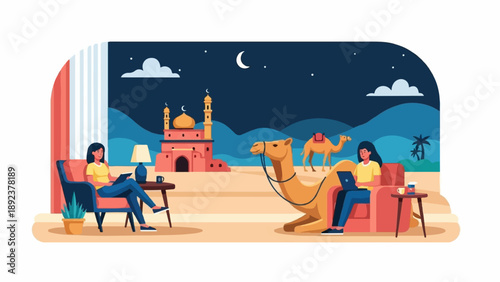 Desert night scene with two women relaxing indoors and camels outside
