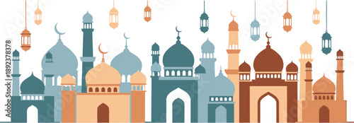 Islamic cityscape silhouette with mosques and hanging lanterns set