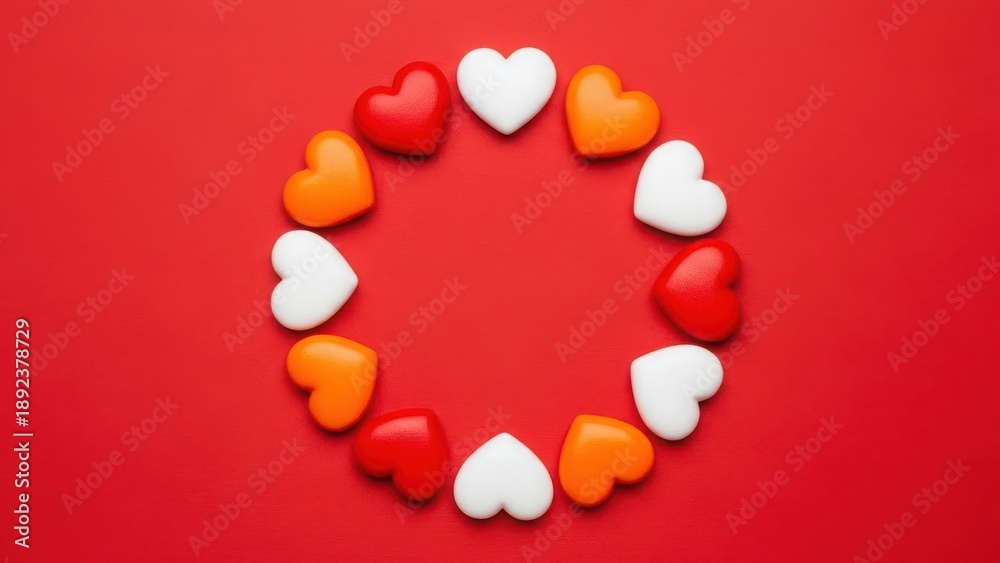 Obraz premium A circular arrangement of colorful heart shaped objects on a red background