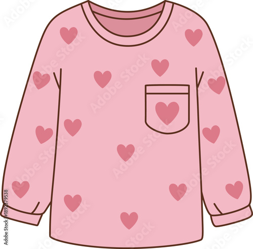 Hand Drawn Minimalist Illustration of Cute Pink Long Sleeve Pajama Top with Heart Pattern and Pocket for Sleepwear and Cozy Lounge Fashion